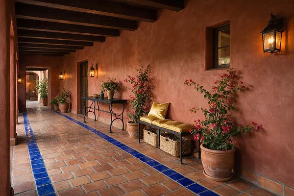 A long Mediterranean-style front porch with terracotta tile flooring accented by two blue tile borders, warm stucco walls, and dark exposed ceiling beams. Black iron lanterns line the corridor, while potted flowering bougainvillea, a metal console table, and a cushioned bench with woven baskets add warmth and charm.