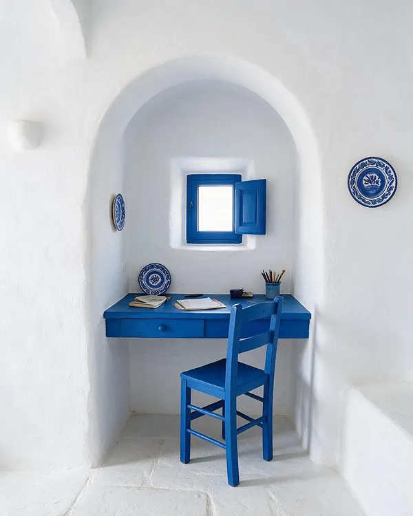 A small Mediterranean-style home office alcove with white stucco walls, an arched ceiling, and a bright cobalt blue desk and chair. A blue-trimmed window, decorative blue-and-white plates, and simple writing tools create a compact, airy workspace.