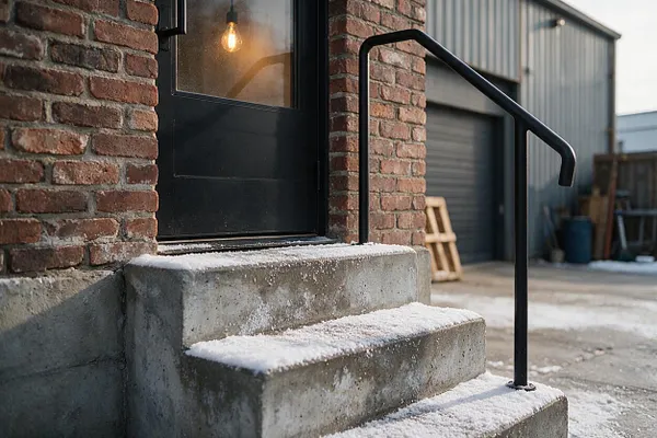 An industrial-style exterior entry with weathered red brick walls, a matte black metal door, and raw concrete steps dusted with snow. A black handrail follows the staircase, while corrugated metal siding and a garage-like door appear in the background.