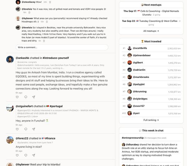 A user interface design for a timeline feature titled 'WANNA BE A NOMAD' showing categories, posts, and navigation elements.