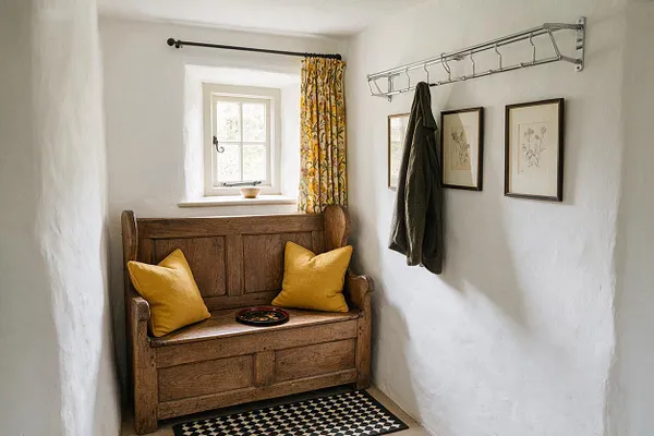 A narrow mudroom with white plaster walls, a rustic wooden bench beneath a small window, and yellow throw pillows. On the right wall, a chrome coat rack holds a dark coat beside framed botanical prints, while a black-and-white checkered rug adds contrast underfoot.