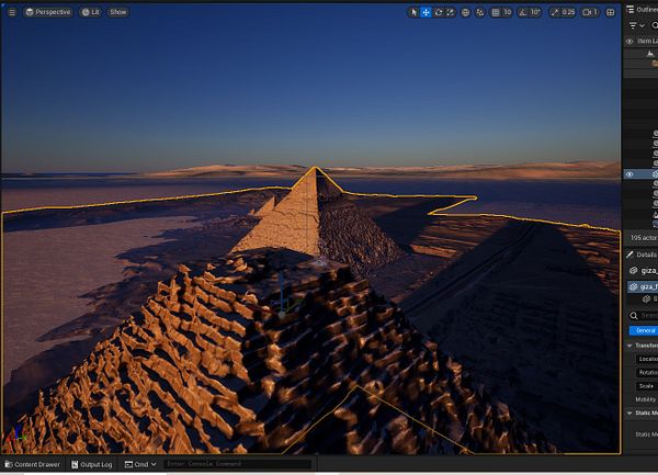A 3D rendering of the Giza pyramids at sunset, showcasing detailed textures and lighting.