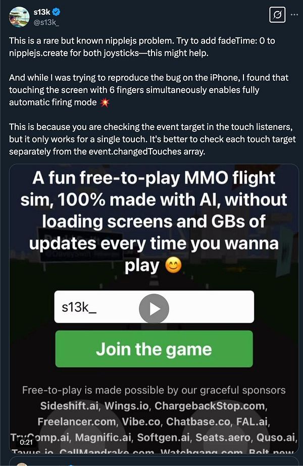 A tweet discussing a known issue with nippleJS and showcasing a free-to-play MMO flight simulation game.