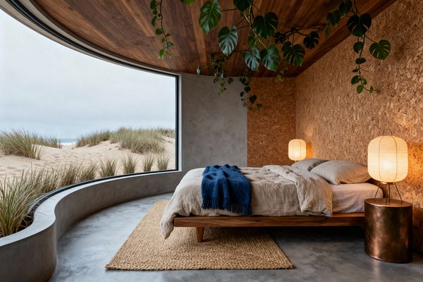 A biophilic bedroom with a sweeping curved picture window overlooking coastal sand dunes and grasses. Inside, a low walnut platform bed with flax-colored linen and a deep blue throw sits on a jute rug over polished concrete floors. One wall is clad in cork, the ceiling is lined with walnut, and a trailing vine drapes overhead. Warm paper lantern lamps and a bronzed round side table add soft, ambient light.