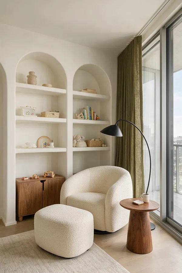 A modern nursery with two built-in arched shelves set into a white wall, styled with baskets, books, and toys. A cream boucle armchair and matching ottoman sit beside a small walnut side table and a tall black floor lamp, with olive curtains and a large sliding glass door bringing in natural light.