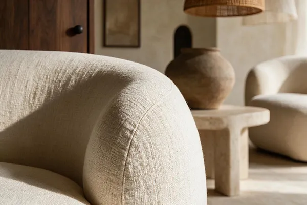 A close-up of a rounded upholstered chair in a cream textured fabric fills the foreground. Behind it are a light stone side table, a rustic clay vase, a woven pendant light, and another soft neutral chair in a warm, sunlit room.