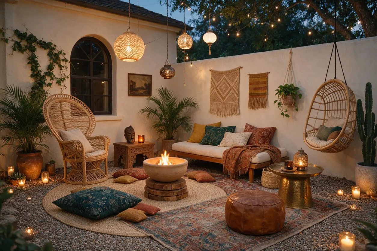 A cozy bohemian backyard lounge with woven rattan chairs, a suspended egg chair, floor cushions, and a low sofa arranged around a small fire pit. Warm string lights, lanterns, potted plants, textured wall hangings, and candles create a relaxed evening atmosphere.