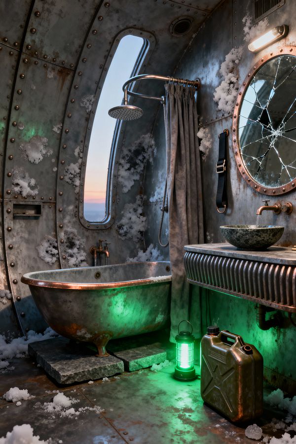 A bathroom built inside a riveted metal shell features a weathered clawfoot tub with a copper rim, a curved shower rail with a gray canvas curtain, and frost clinging to the walls and floor. A cracked round mirror hangs above a corrugated-metal vanity with a stone vessel sink and copper faucet, while a neon green lantern and an old jerry can glow on the floor, and a tall porthole window reveals dusk light beyond.