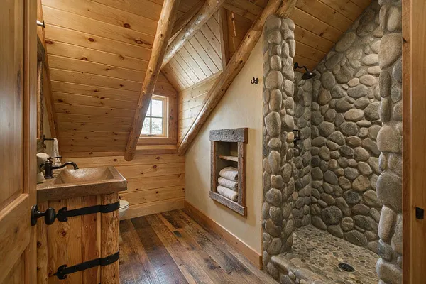 A rustic master bathroom with knotty wood plank walls and ceiling, exposed timber beams, and a stone-lined walk-in shower. The room includes a live-edge style wood vanity with a vessel sink and black faucet, a small window for daylight, and warm wood flooring for a cozy cabin feel.
