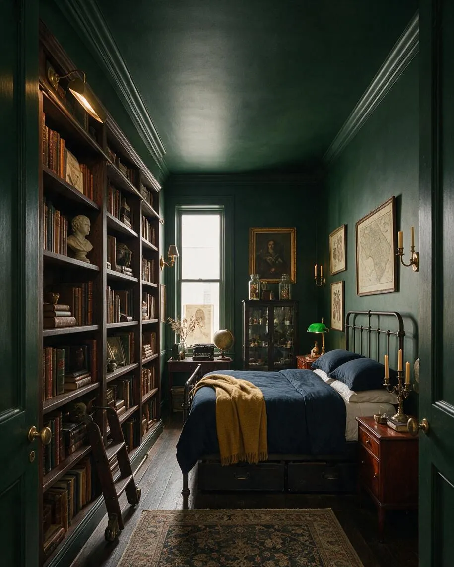 A narrow guest bedroom painted in deep green, with floor-to-ceiling bookshelves along one wall and a black metal bed frame on the opposite side. The room includes framed artwork, a green banker’s lamp, brass wall sconces, a patterned rug, and warm wood furniture, creating a moody Dark Academia atmosphere.