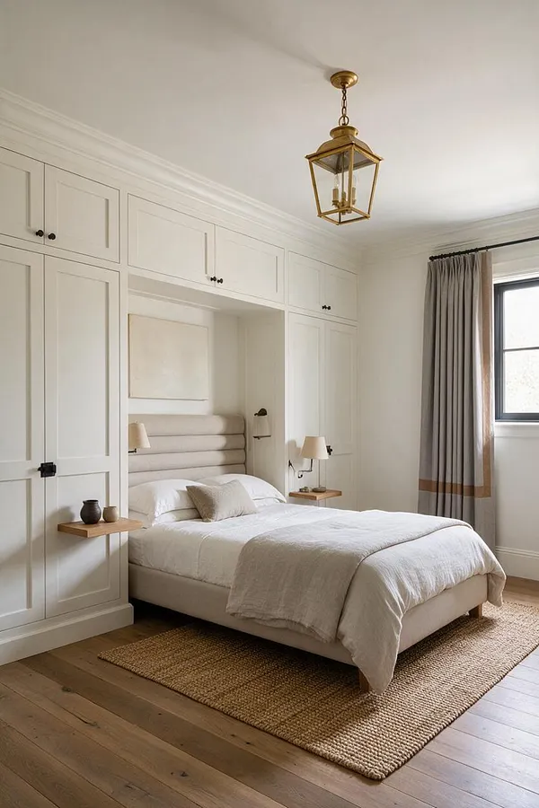 A bright transitional master bedroom with a built-in white wardrobe wall framing the bed niche. The bed has a padded upholstered headboard, layered white bedding, small floating wood nightstands, a brass lantern pendant, a woven area rug, and gray drapery by a black-framed window.