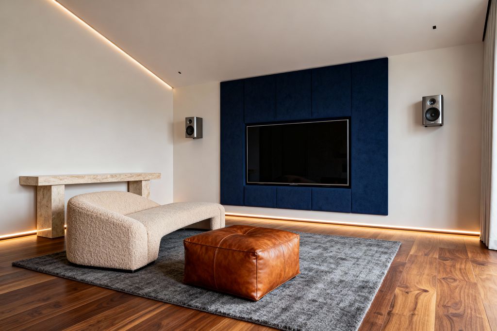 A contemporary media room with a large flat-screen set into oversized navy fabric wall panels, flanked by silver wall-mounted speakers and lit by warm LED strips along the ceiling edge and baseboard. A curved cream bouclé sofa sits on a charcoal rug over wide-plank walnut flooring beside a travertine waterfall console, while a square cognac leather ottoman anchors the center; neutral walls and sheer drapery complete the minimalist look.