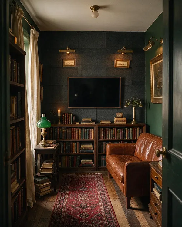 A narrow media room styled like a dark academia study, with a wall-mounted television centered on a dark paneled wall above low bookshelves filled with old books. A tan leather sofa, red patterned runner, brass lamps, framed art, and heavy curtains create a warm, scholarly atmosphere.