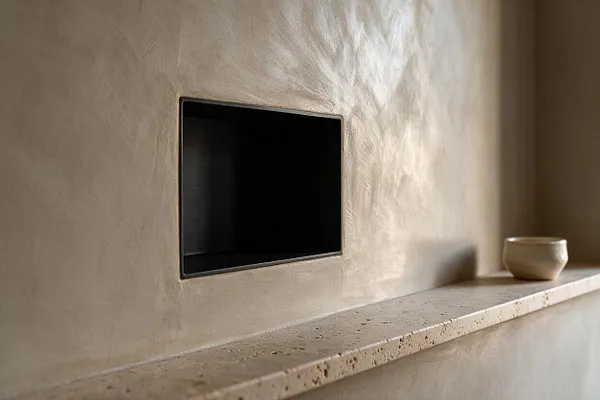 A modern interior wall finished in warm beige plaster with a small black recessed opening and a long speckled stone ledge. A simple ceramic bowl sits on the right side, while soft natural light highlights the textured surface.