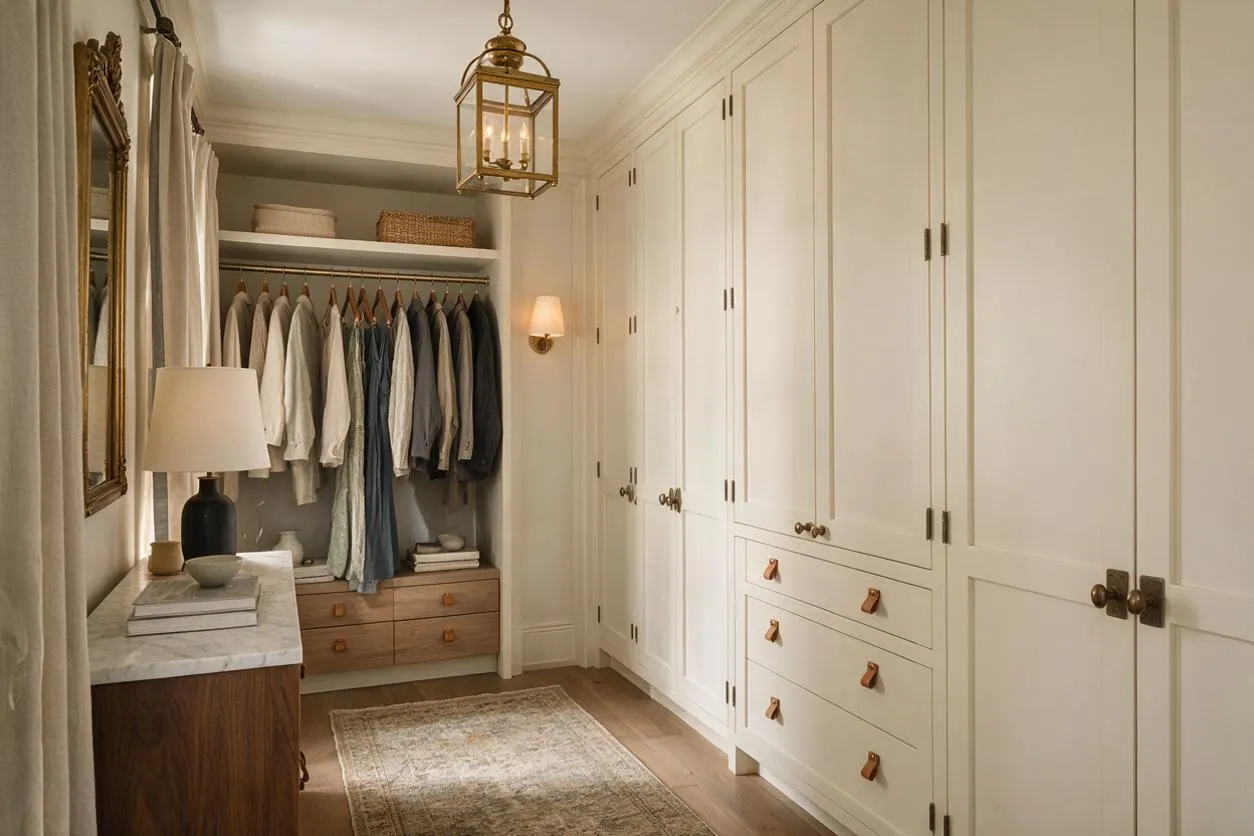 A bright transitional closet with tall cream built-in cabinets along one wall, an open hanging niche with neatly arranged shirts and baskets, and a wood-and-marble console on the left. Brass lantern lighting, a wall sconce, a vintage-style mirror, and a soft area rug add warmth and elegance.