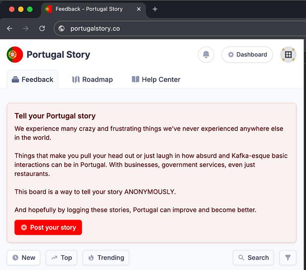 The image displays a webpage for Portugal Story, inviting users to share their experiences in Portugal.