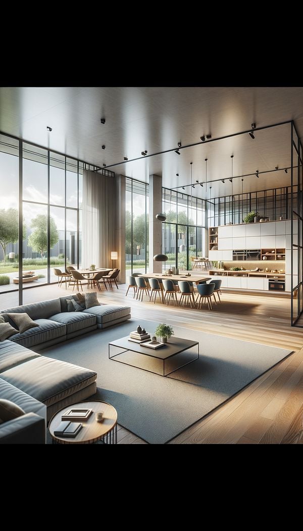 An open concept living space showing a seamless transition from the kitchen to the dining area and living room, with large windows allowing natural light to fill the room.