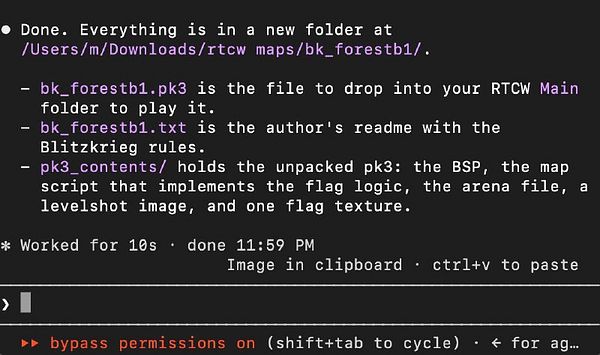 Terminal output showing completion of extracting an old RTCW map with details about the files and folder location.