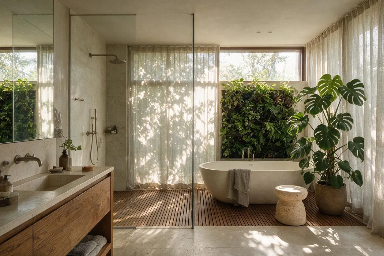 A serene master bathroom with a freestanding oval bathtub on a slatted wood floor, surrounded by sheer curtains, large windows, and abundant greenery. A double vanity with a wood cabinet and stone sink sits beside a glass shower, creating a warm natural spa atmosphere.