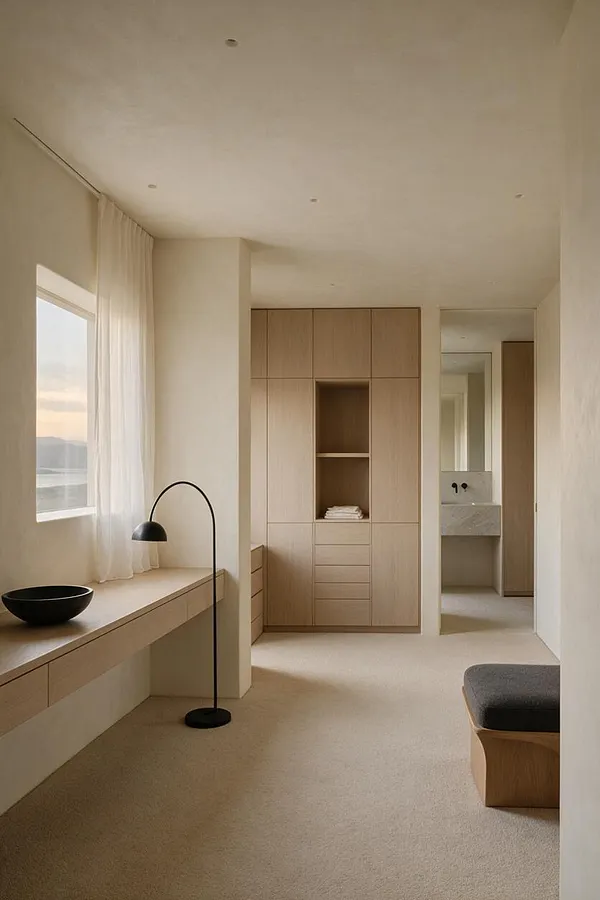 A calm minimalist closet with built-in light wood cabinetry, a central open niche, and flat-panel doors. The room has a soft beige carpet, a long window with sheer curtains, a black arched floor lamp, and a simple bench, with a marble vanity visible through the doorway.