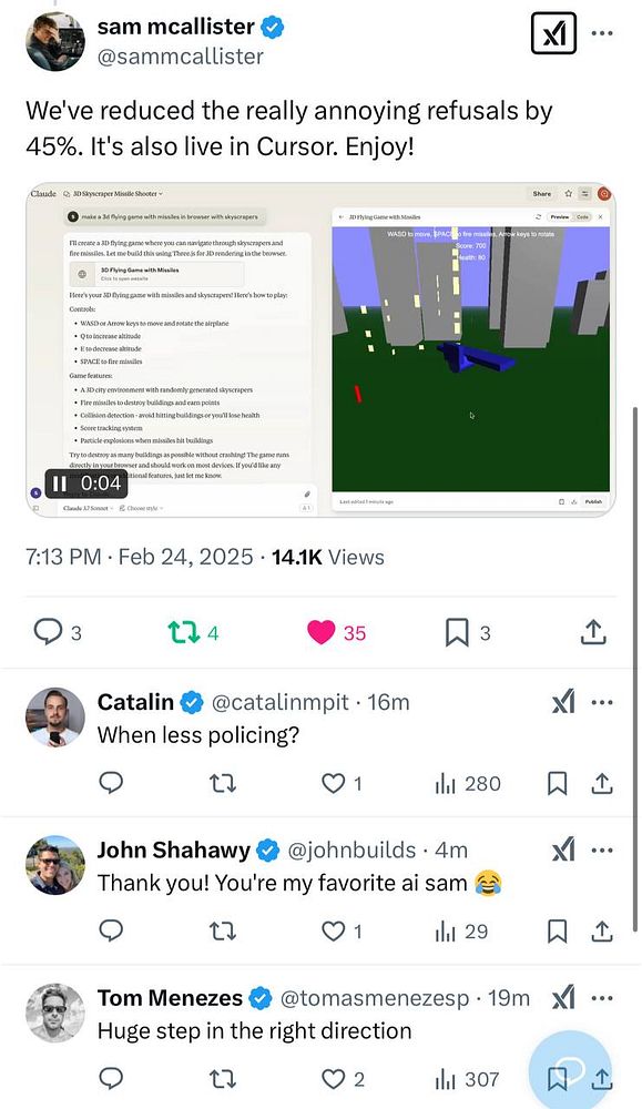 A social media post discussing a new feature in a flying game with a screenshot of the game interface.