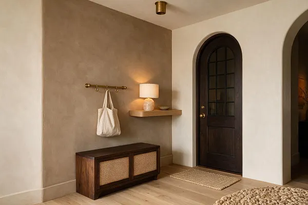A warm organic modern entryway with a dark wood arched door, soft neutral walls, and a textured plaster accent wall. A brass wall hook holds a canvas tote, a floating wood shelf supports a table lamp, and a low wood bench with cane-front doors adds storage above light oak floors.