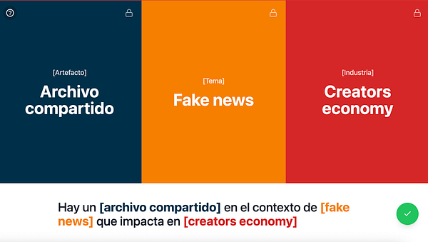 The image displays a web app interface focused on generating ideas related to challenges in the creators economy.