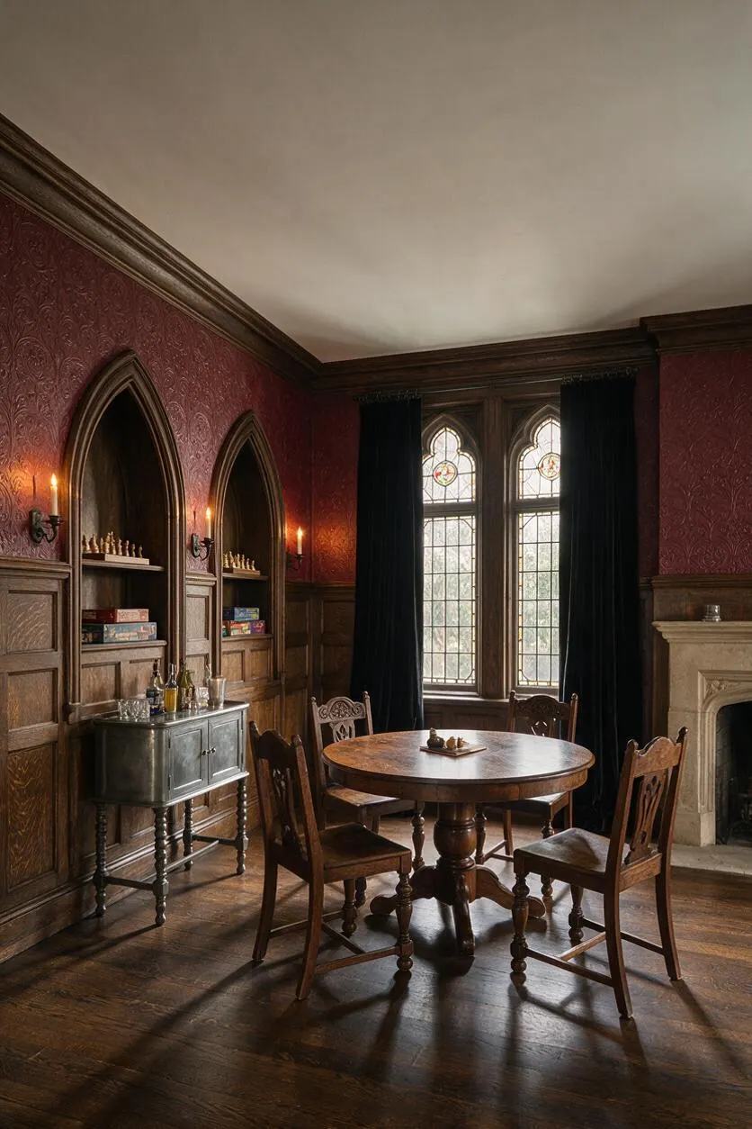 A Gothic-style game room with deep red patterned wallpaper, dark wood paneling, pointed-arch wall niches, and tall arched stained-glass windows framed by black curtains. The room includes a round wooden game table surrounded by carved wooden chairs, a small metal side cabinet, wall sconces with candles, and a stone fireplace.