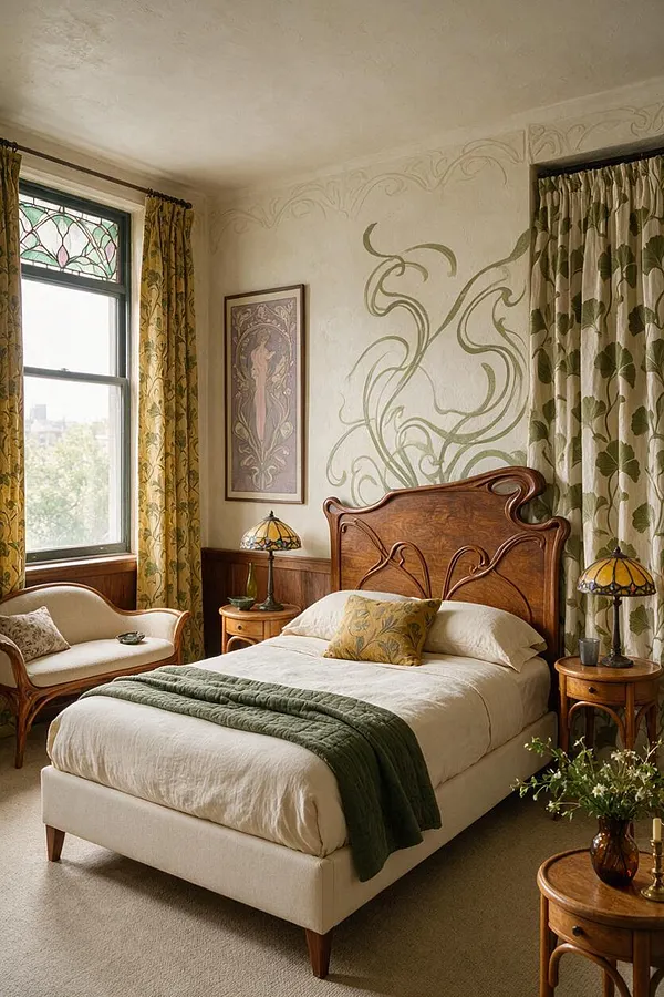 A master bedroom in Art Nouveau style features a carved wooden bed with flowing organic lines, cream bedding, and a green throw. Matching wooden side tables with stained-glass lamps flank the bed, while patterned curtains, a floral-upholstered bench, and decorative wall scrollwork complete the room.