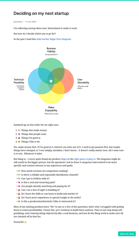 The image features a blog post discussing startup ideas, accompanied by a Venn diagram illustrating key factors for decision-making.