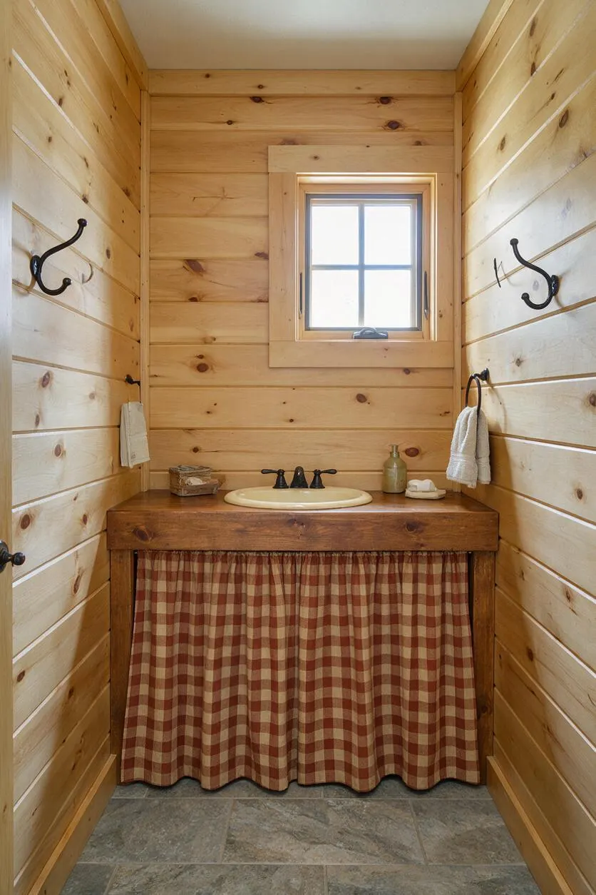 A narrow rustic powder room lined with knotty pine plank walls and slate floor tiles. A wood vanity with a cream sink, black faucet, checkered fabric skirt, and small window creates a cozy cabin feel.