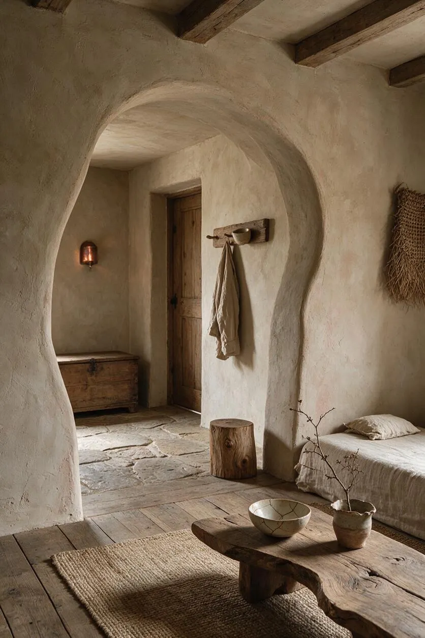 A Wabi-Sabi entryway with curved plaster walls, exposed wood beams, a rustic wooden door, and a stone floor. Natural wood furniture, a woven rug, and soft neutral textiles create a calm, earthy atmosphere.