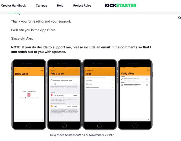 The image shows iPhone screenshots of the 'Daily Vibes' app as part of a Kickstarter project page.