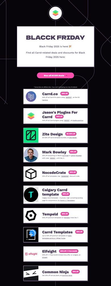 A promotional webpage listing Black Friday 2025 deals related to Carrd.