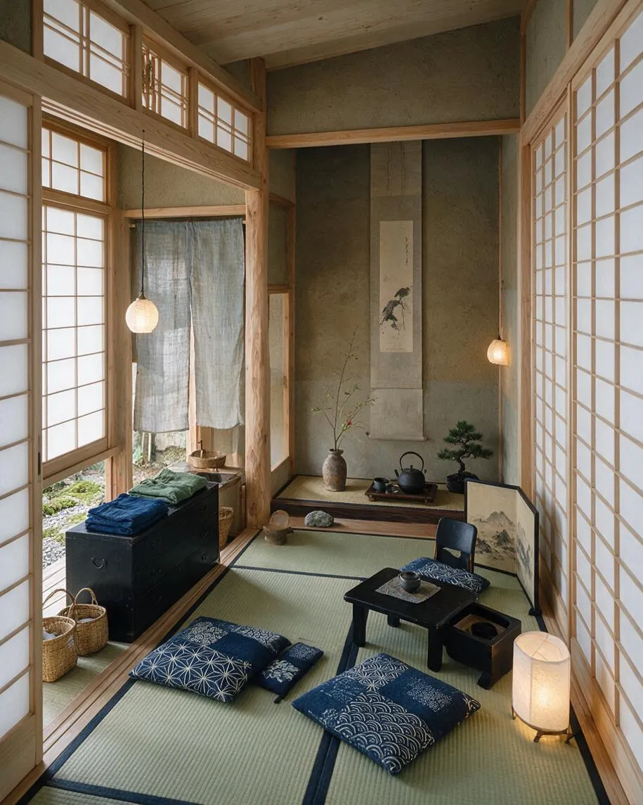 A narrow Japanese Zen-style closet or dressing room with tatami mats, shoji screens, and light wood framing. The space includes low black tables, indigo floor cushions, woven baskets, a hanging lantern, and simple decorative elements like a scroll, vase, and bonsai.
