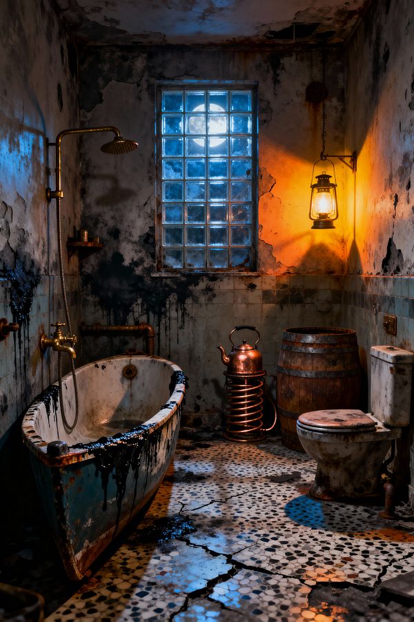 A dilapidated bathroom shows a rusted clawfoot tub with brass shower and faucet, streaked with black residue beneath peeling plaster and aged green wall tiles. Blue moonlight enters through a glass-block window while a hanging oil lantern casts warm orange light on a cracked mosaic floor. To the right are a stained toilet, a wooden barrel, and a copper kettle with coiled tubing, with exposed pipes and water damage reinforcing a scavenged, survivalist feel.
