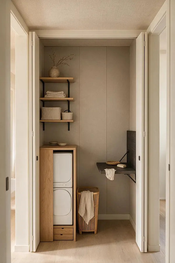 A narrow laundry room with open double doors reveals a calm Japandi-style nook. A stacked washer and dryer are built into an oak cabinet, with floating wood shelves, woven baskets, a rattan hamper, and a dark wall-mounted folding shelf against soft beige walls.