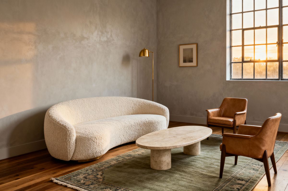 Room AI – Transitional Living with Bouclé and Travertine - Interior