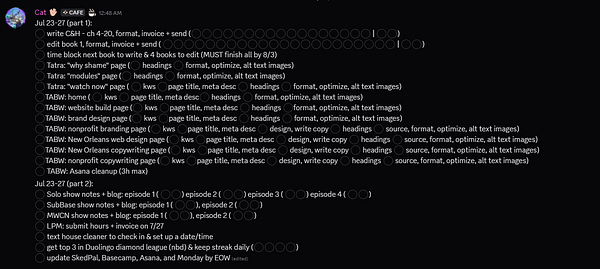 A detailed to-do list displayed in a Discord chat interface.