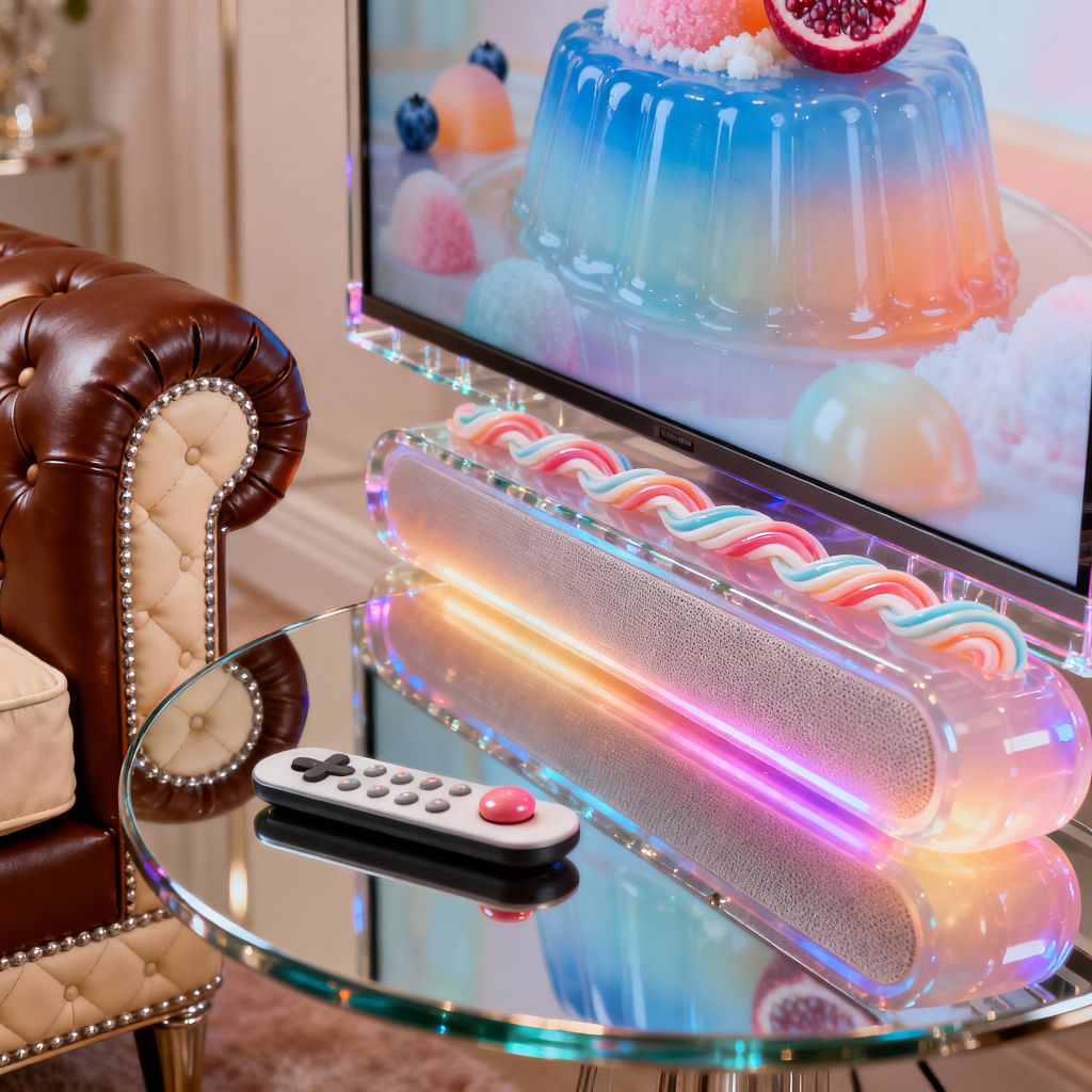 Close-up of a media room styled like Candy Land: a flat-screen sits on a clear acrylic stand above a translucent soundbar glowing with pastel RGB gradients and topped by a candy-like pink and blue twist. In front, a round glass coffee table holds a playful remote, while a brown tufted leather Chesterfield with cream, nailhead-trimmed panels adds warmth amid glossy, prismatic reflections and soft, iridescent light.