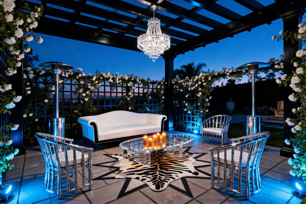 An outdoor lounge under a black pergola features a glittering crystal chandelier above a curved white sofa with nailhead trim, three polished metal barrel chairs, and a clear acrylic coffee table topped with candles. A zebra-print hide rug anchors the seating on stone pavers, while stainless patio heaters and blue uplights frame lattice screens covered with white climbing roses against a dusky sky, creating a glamorous Hollywood Regency ambiance.