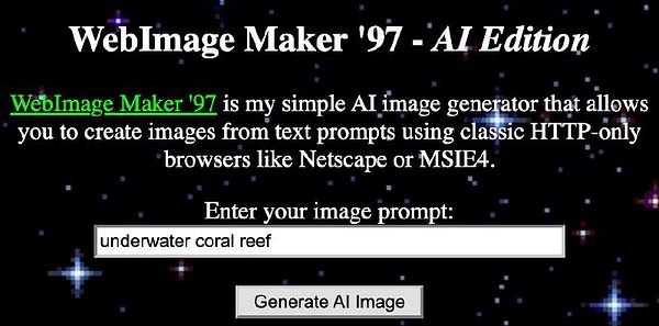 The image displays a retro-themed web interface for an AI image generator called WebImage Maker '97.