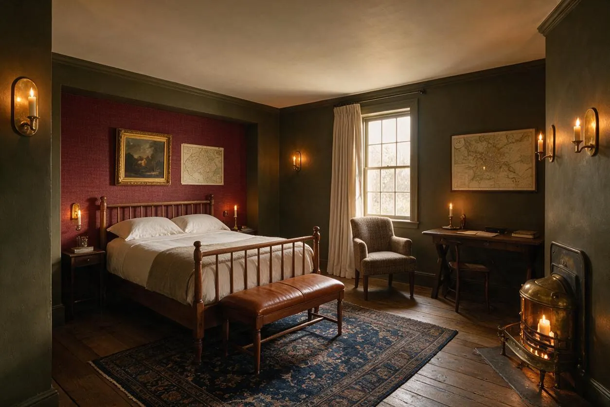 A dark academia guest bedroom with olive green walls, a burgundy accent wall behind a wood spindle bed, and a vintage patterned rug on wide plank floors. The room includes a leather bench, a plaid armchair by the window, a wooden desk, framed maps and art, wall sconces, and a glowing fireplace for a warm, scholarly atmosphere.