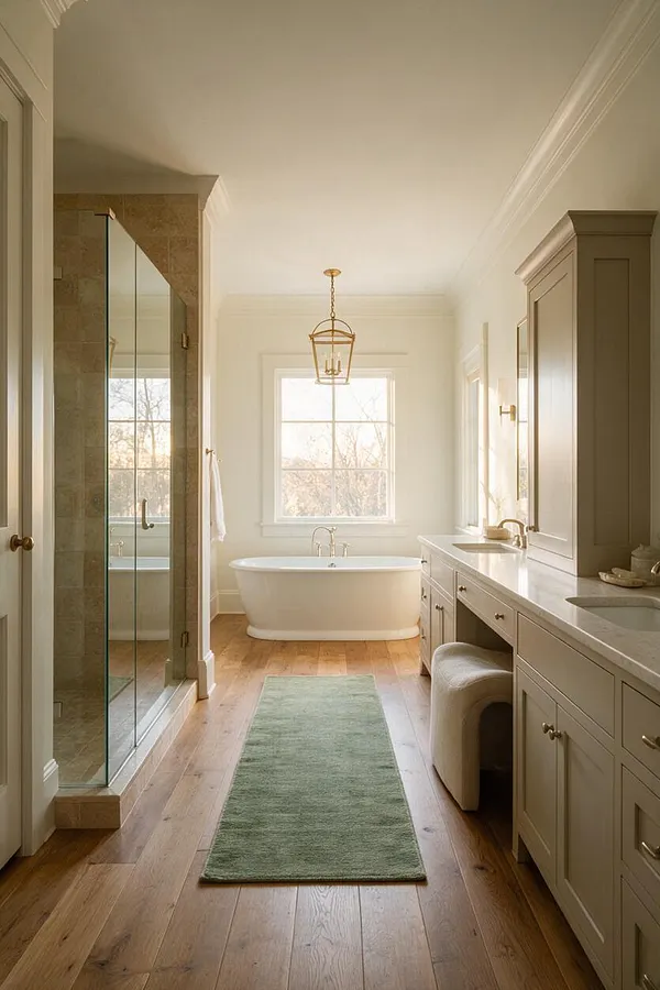 A bright transitional master bathroom with a freestanding oval tub centered beneath a large window, a glass-enclosed shower on the left, and a long vanity with a light countertop on the right. Warm wood floors, soft neutral cabinetry, and a brass lantern pendant create a serene, elegant atmosphere.