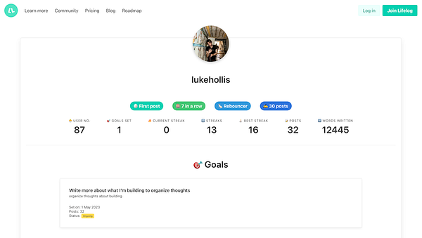 The image displays a user profile from the Lifelog platform, showcasing various statistics and goals for the user 'lukehollis'.