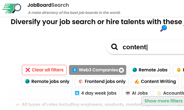 The image displays a job board search interface with various filter options and a search bar.