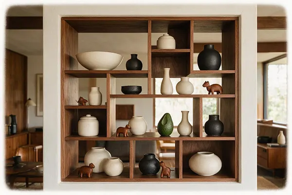 A built-in walnut display shelf divided into geometric cubbies, filled with matte ceramic vases, bowls, and small wooden animal figurines. The warm wood tones contrast with the white plaster surround and soft neutral room beyond, creating a calm Mid-Century Modern vignette.