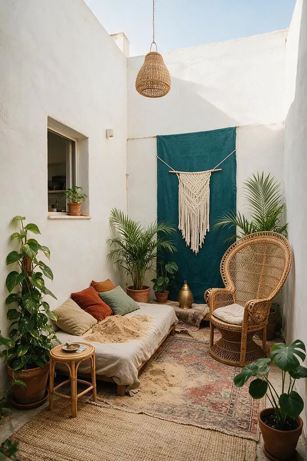 A narrow white-walled backyard courtyard styled in bohemian decor, featuring a low daybed with earthy cushions, a rattan peacock chair, potted green plants, layered patterned rugs, and a woven pendant light overhead. A teal textile backdrop with a macramé wall hanging adds color and texture.