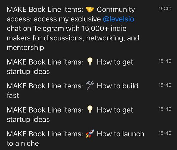 The image displays a list of tasks related to 'MAKE Book Line items' with various topics and timestamps.