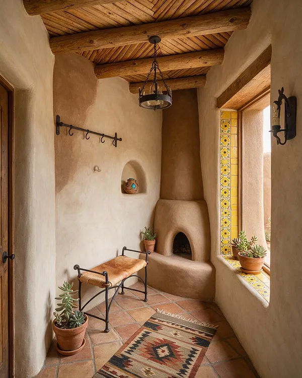 A narrow Southwestern-style entryway with smooth adobe walls, exposed wood beams, terracotta tile flooring, and a small built-in fireplace at the far end. The space includes a black metal bench with a leather seat, potted succulents, a patterned runner rug, a wrought-iron hanging lantern, and a window accented with yellow floral tiles.